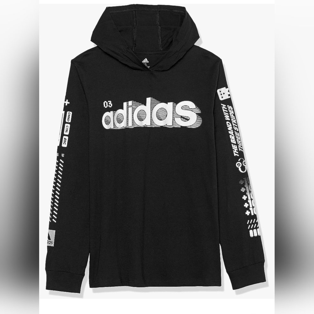 Boy's Adidas L/S Hooded T-Shirt, Black with Silver, Size M (10-12)